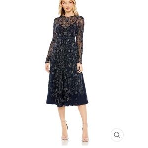 FREE SHIPPING Mac Duggal 10799 Navy Beaded Illusion High Neck Long Sleeve,10